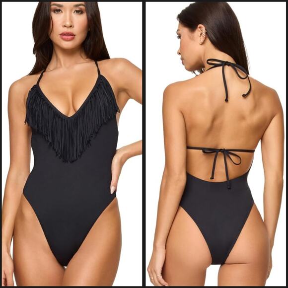 L*Space Desert Days Swimsuit XL Large Black Fringe V Neckline One-Piece NWT $198 - Picture 1 of 7